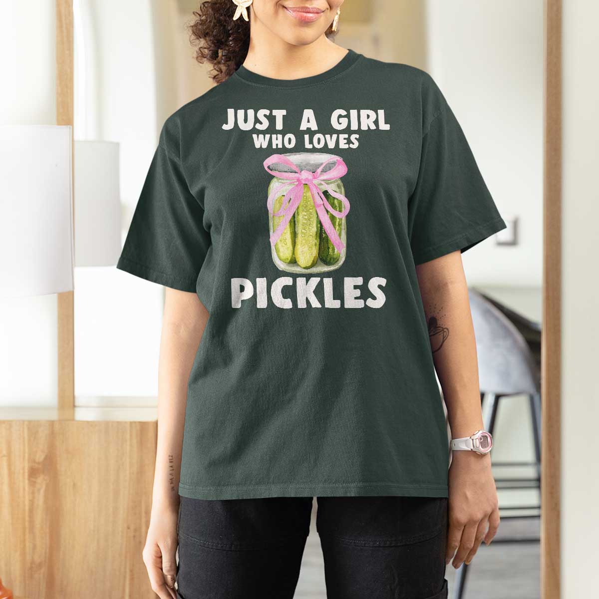 Just a Girl Who Loves Pickles T Shirt For Women Pickle Jars with Coquette Bow - Wonder Print Shop