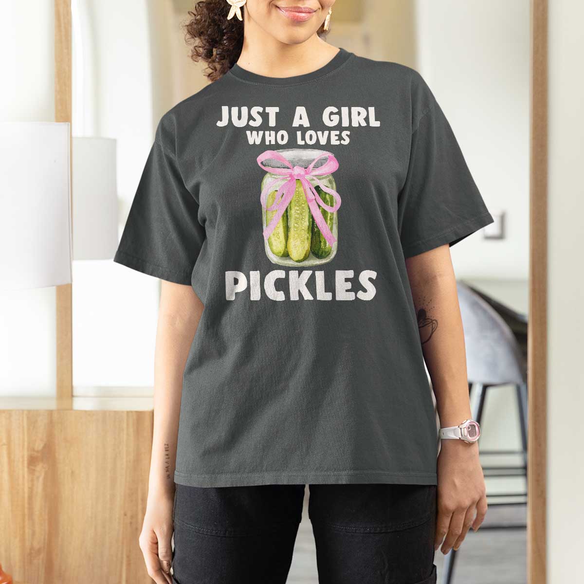 Just a Girl Who Loves Pickles T Shirt For Women Pickle Jars with Coquette Bow - Wonder Print Shop