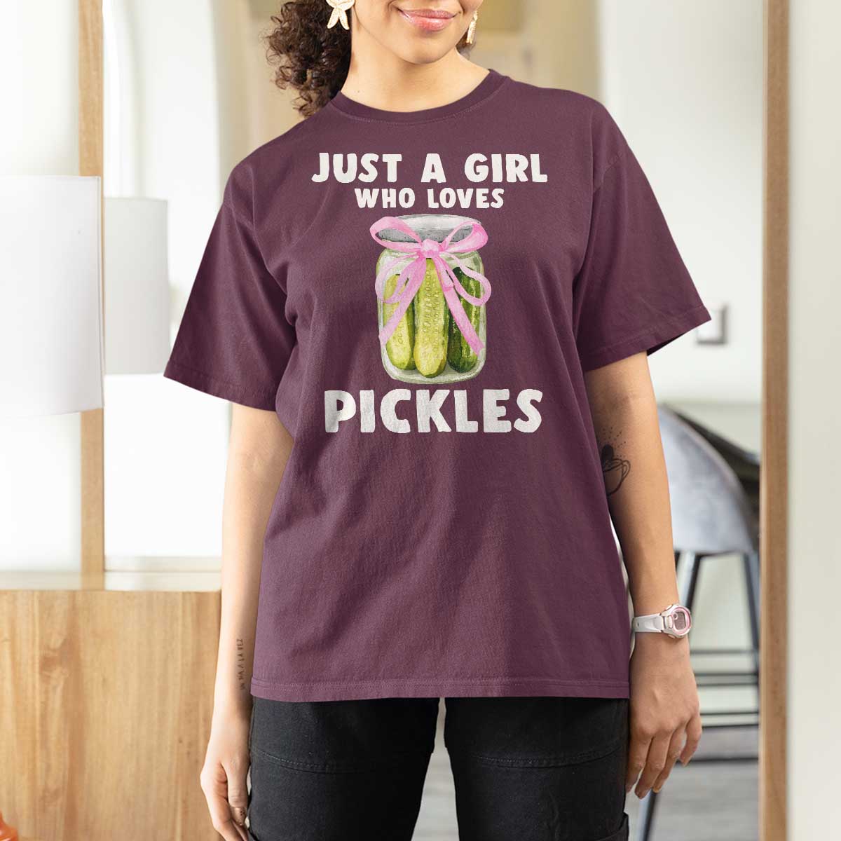 Just a Girl Who Loves Pickles T Shirt For Women Pickle Jars with Coquette Bow - Wonder Print Shop