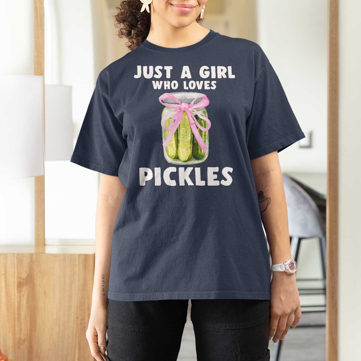Just a Girl Who Loves Pickles T Shirt For Women Pickle Jars with Coquette Bow - Wonder Print Shop