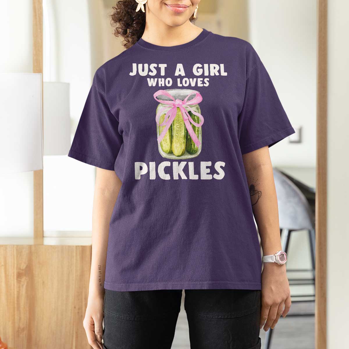 Just a Girl Who Loves Pickles T Shirt For Women Pickle Jars with Coquette Bow - Wonder Print Shop