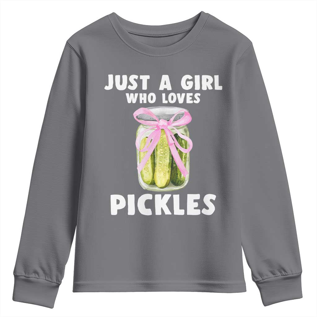 Just a Girl Who Loves Pickles Youth Sweatshirt Pickle Jars with Coquette Bow - Wonder Print Shop