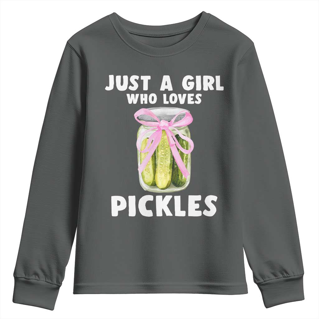Just a Girl Who Loves Pickles Youth Sweatshirt Pickle Jars with Coquette Bow - Wonder Print Shop