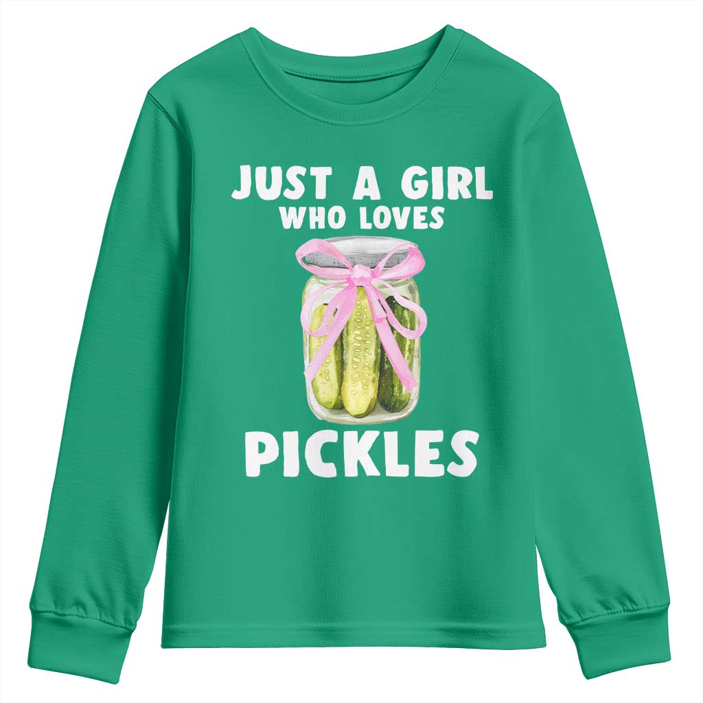 Just a Girl Who Loves Pickles Youth Sweatshirt Pickle Jars with Coquette Bow - Wonder Print Shop