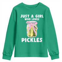 Just a Girl Who Loves Pickles Youth Sweatshirt Pickle Jars with Coquette Bow - Wonder Print Shop