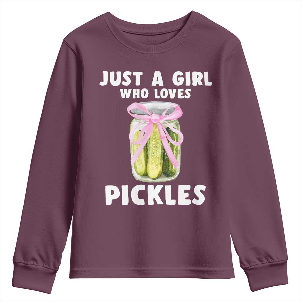 Just a Girl Who Loves Pickles Youth Sweatshirt Pickle Jars with Coquette Bow - Wonder Print Shop