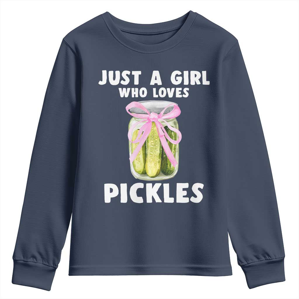Just a Girl Who Loves Pickles Youth Sweatshirt Pickle Jars with Coquette Bow - Wonder Print Shop