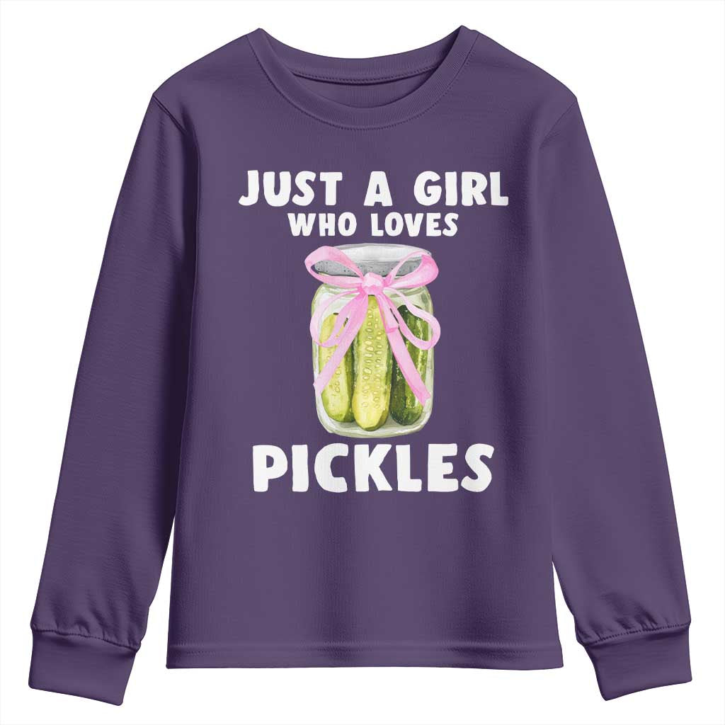 Just a Girl Who Loves Pickles Youth Sweatshirt Pickle Jars with Coquette Bow - Wonder Print Shop