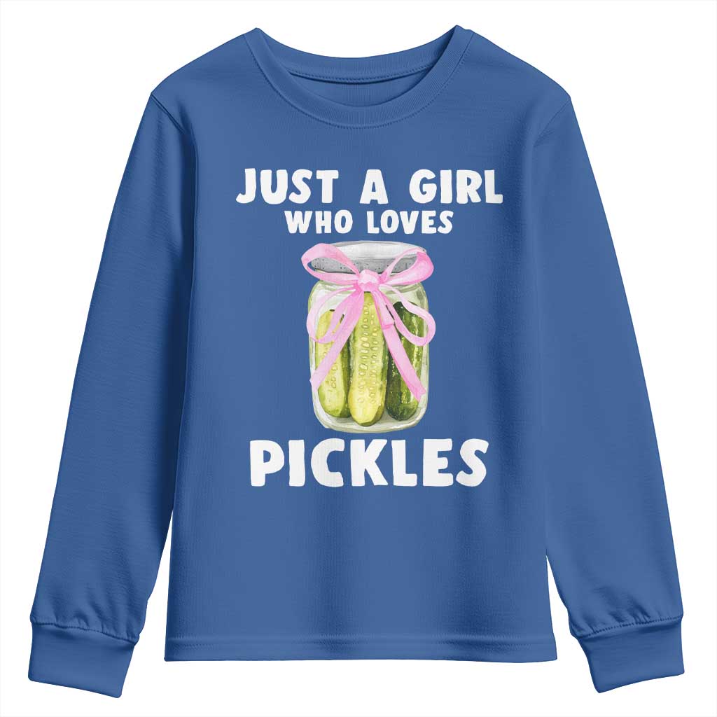 Just a Girl Who Loves Pickles Youth Sweatshirt Pickle Jars with Coquette Bow - Wonder Print Shop