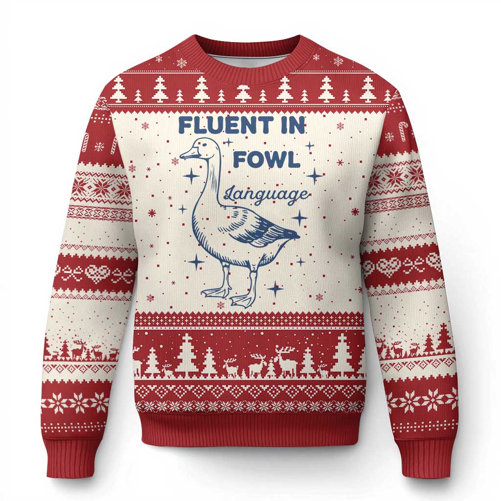 Fluent In FOWL Language Ugly Christmas Sweater Vintage 90s Funny Duck Meme - Wonder Print Shop