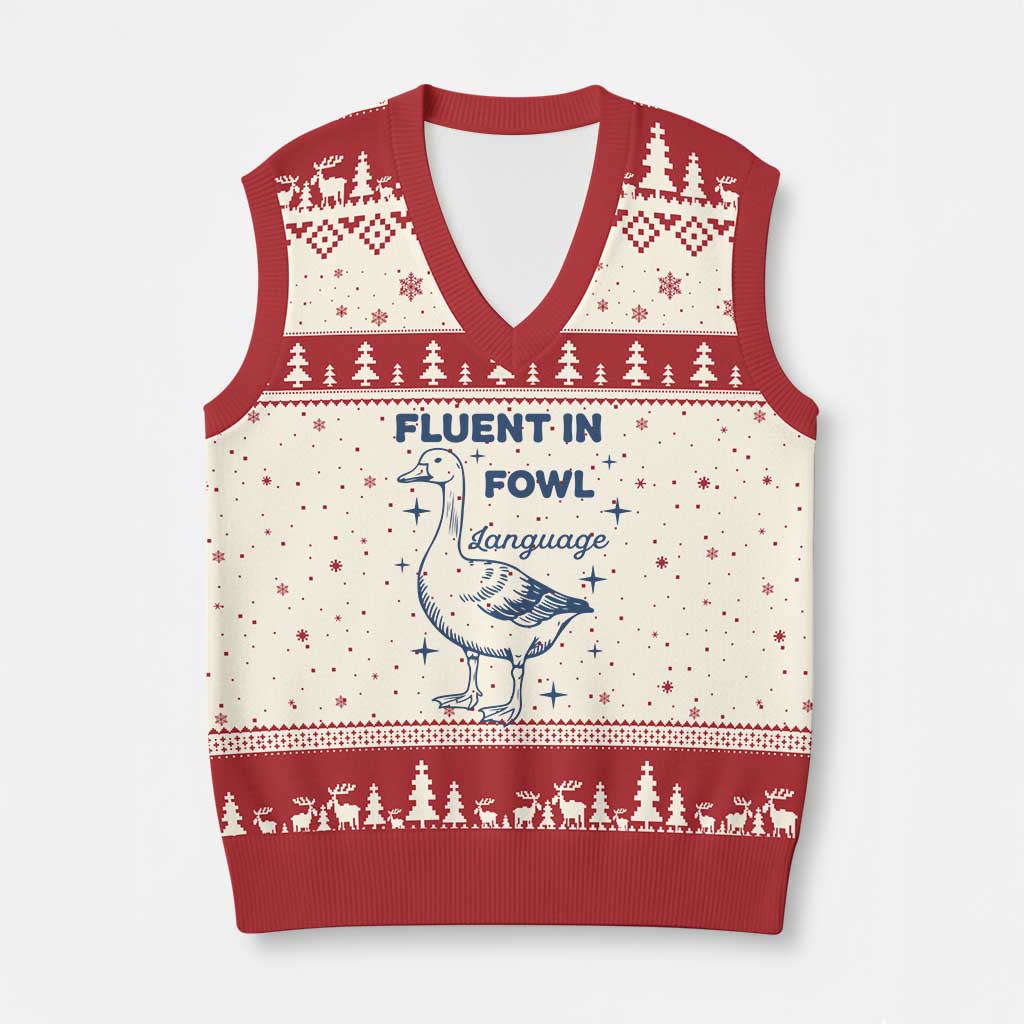Fluent In FOWL Language V-Neck Knit Sweater Vest Vintage 90s Funny Duck Meme - Wonder Print Shop