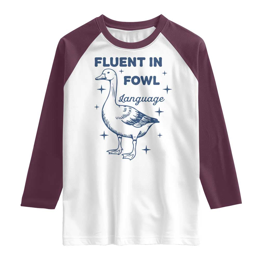 Fluent In FOWL Language Raglan Shirt Vintage 90s Funny Duck Meme - Wonder Print Shop