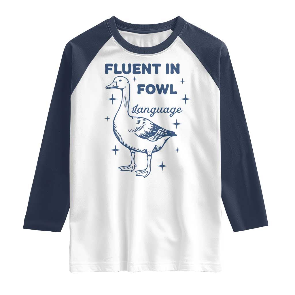 Fluent In FOWL Language Raglan Shirt Vintage 90s Funny Duck Meme - Wonder Print Shop