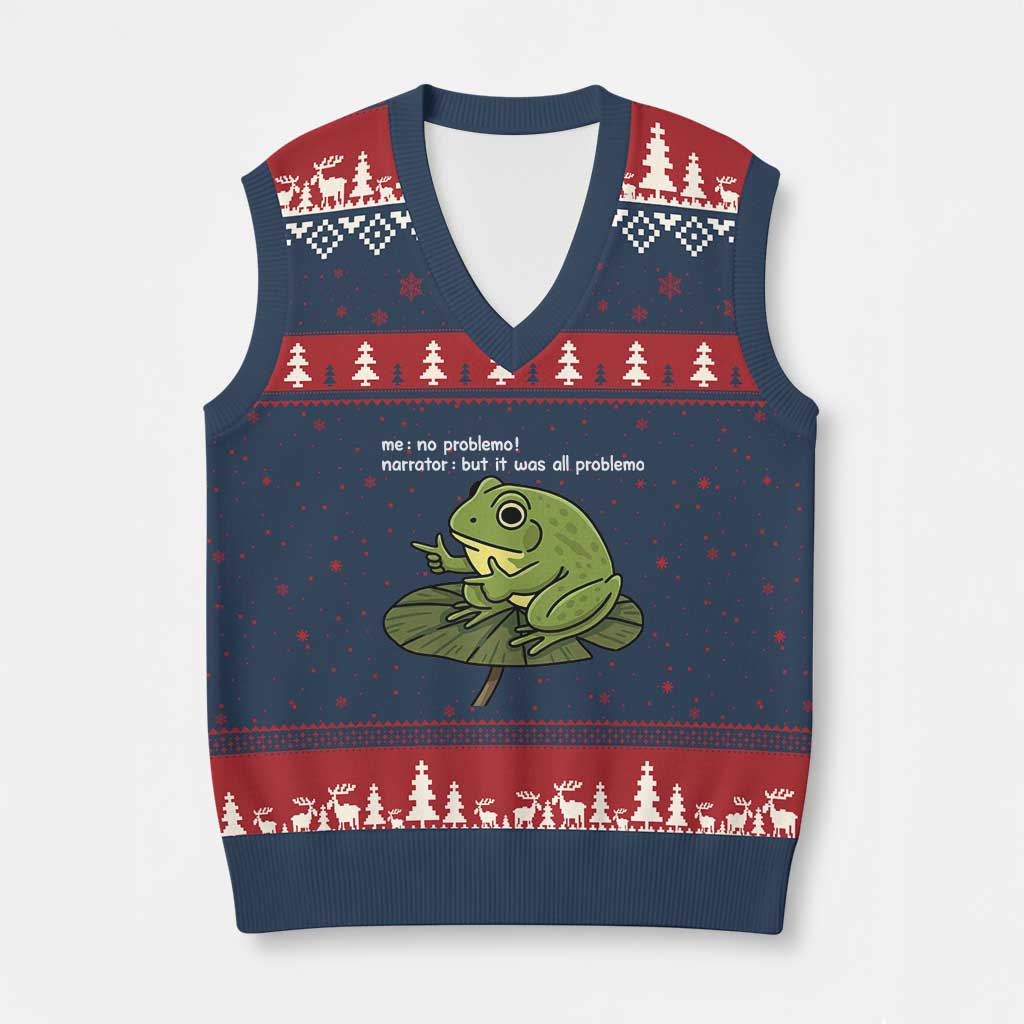 Funny Frog V-Neck Knit Sweater Vest Me No Problemo Narrator But It Was All Problemo - Wonder Print Shop