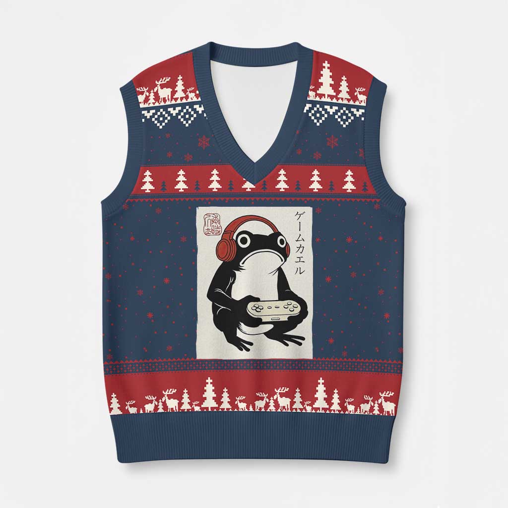 Japanese Gamer Frog V-Neck Knit Sweater Vest Boys Funny Vintage Gaming - Wonder Print Shop