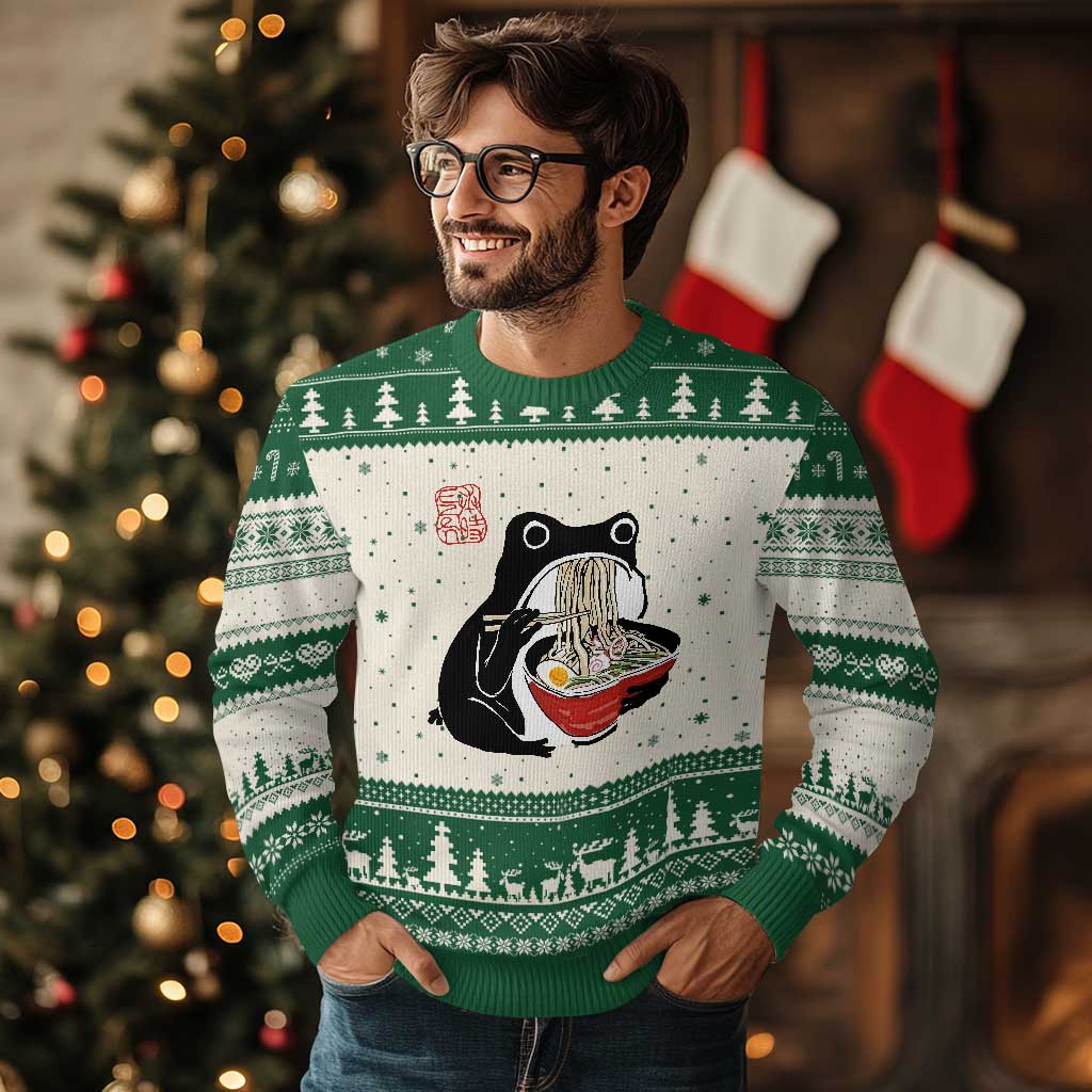 Funny Grumpy Frog Ramen Ugly Christmas Sweater Sumi-e Kawaii Ink Painting Japanese - Wonder Print Shop