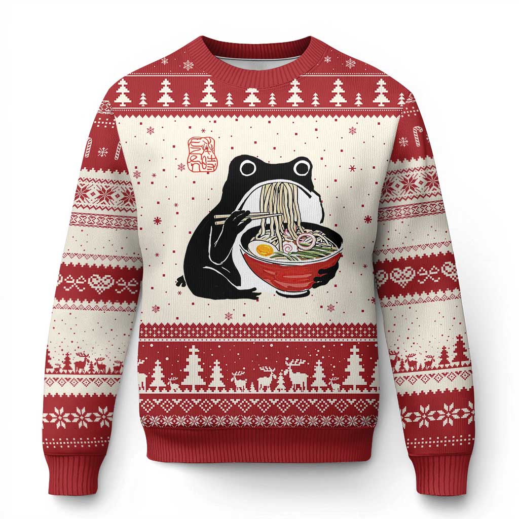 Funny Grumpy Frog Ramen Ugly Christmas Sweater Sumi-e Kawaii Ink Painting Japanese - Wonder Print Shop