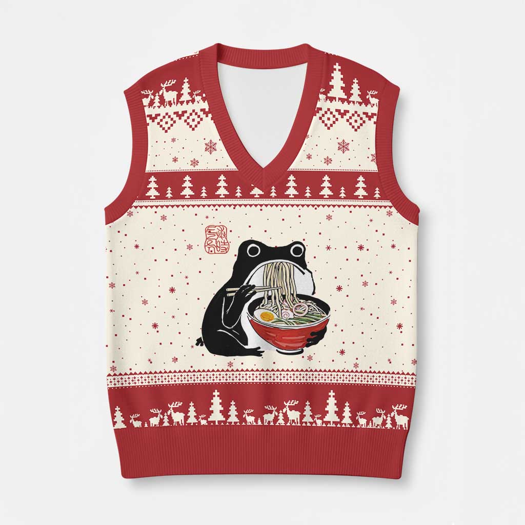 Funny Grumpy Frog Ramen V-Neck Knit Sweater Vest Sumi-e Kawaii Ink Painting Japanese - Wonder Print Shop