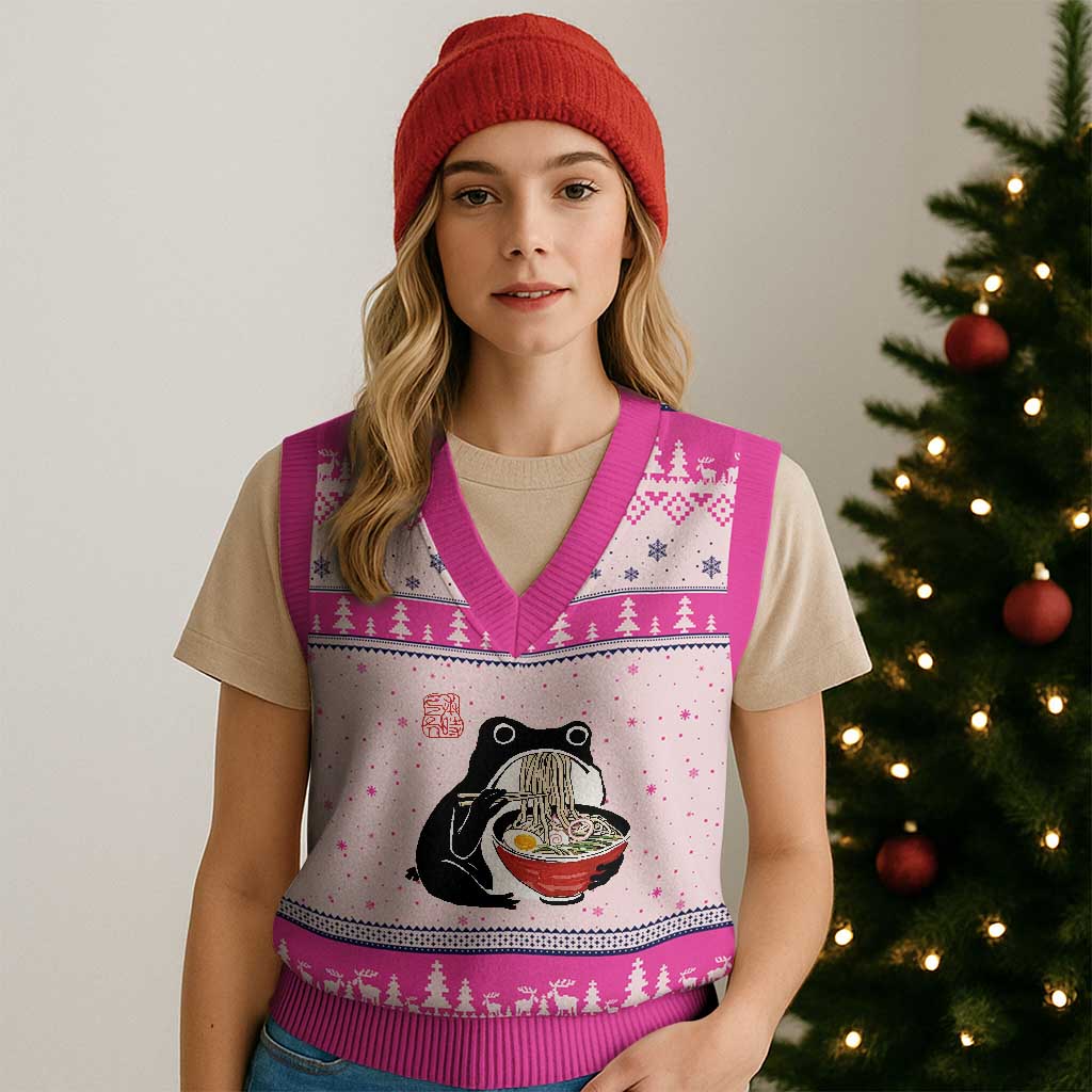 Funny Grumpy Frog Ramen V-Neck Knit Sweater Vest Sumi-e Kawaii Ink Painting Japanese - Wonder Print Shop