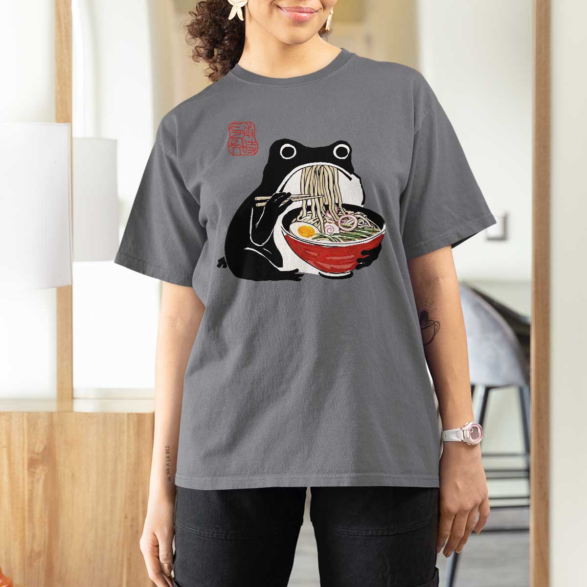 Funny Grumpy Frog Ramen T Shirt For Women Sumi-e Kawaii Ink Painting Japanese - Wonder Print Shop