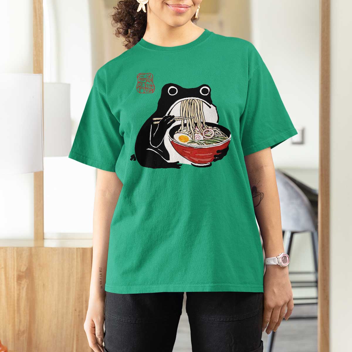 Funny Grumpy Frog Ramen T Shirt For Women Sumi-e Kawaii Ink Painting Japanese - Wonder Print Shop