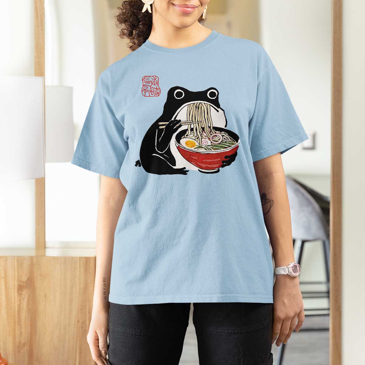 Funny Grumpy Frog Ramen T Shirt For Women Sumi-e Kawaii Ink Painting Japanese - Wonder Print Shop