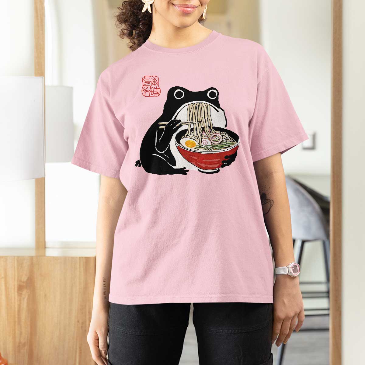 Funny Grumpy Frog Ramen T Shirt For Women Sumi-e Kawaii Ink Painting Japanese - Wonder Print Shop