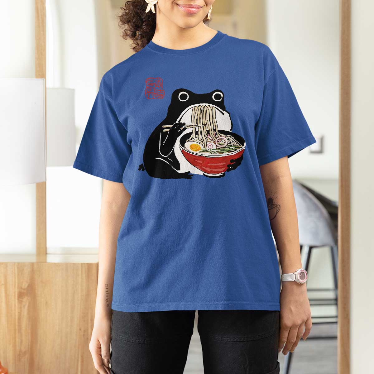 Funny Grumpy Frog Ramen T Shirt For Women Sumi-e Kawaii Ink Painting Japanese - Wonder Print Shop