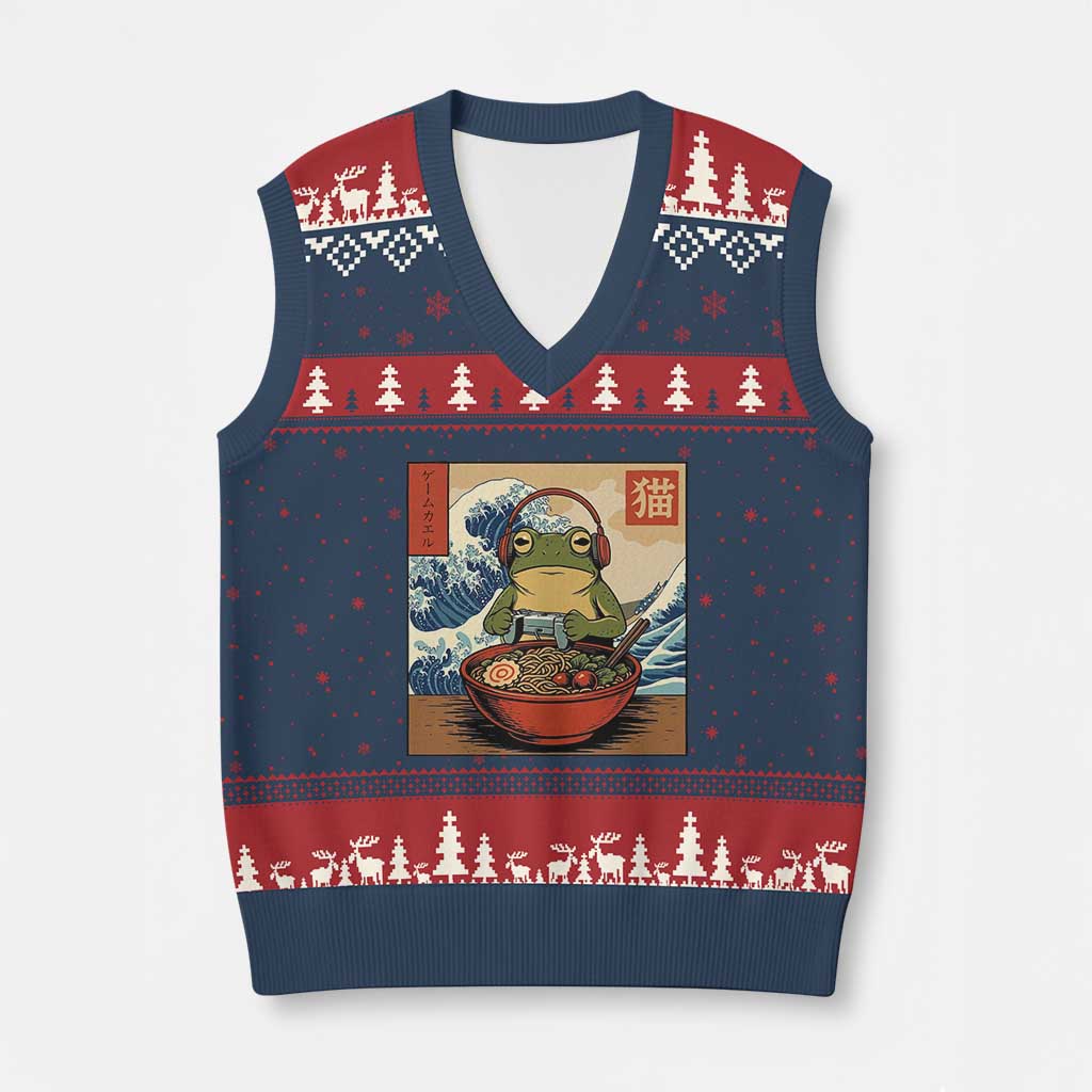 Cute Kawaii Gamer Frog Ramen V-Neck Knit Sweater Vest Retro Japanese Funny Cat Gaming - Wonder Print Shop