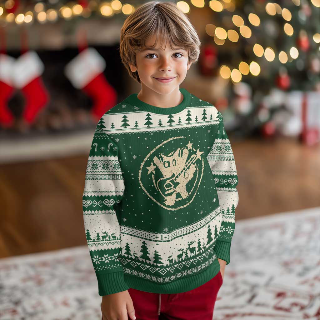 90s Y2K Scary Cat Ugly Christmas Sweater Scared Under Starry Tail Cat Playing Guitar - Wonder Print Shop