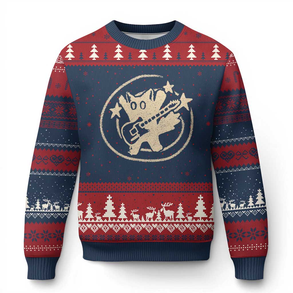 90s Y2K Scary Cat Ugly Christmas Sweater Scared Under Starry Tail Cat Playing Guitar - Wonder Print Shop
