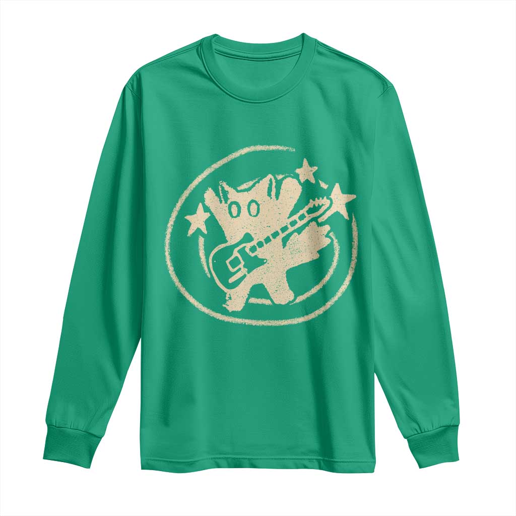 90s Y2K Scary Cat Long Sleeve Shirt Scared Under Starry Tail Cat Playing Guitar - Wonder Print Shop