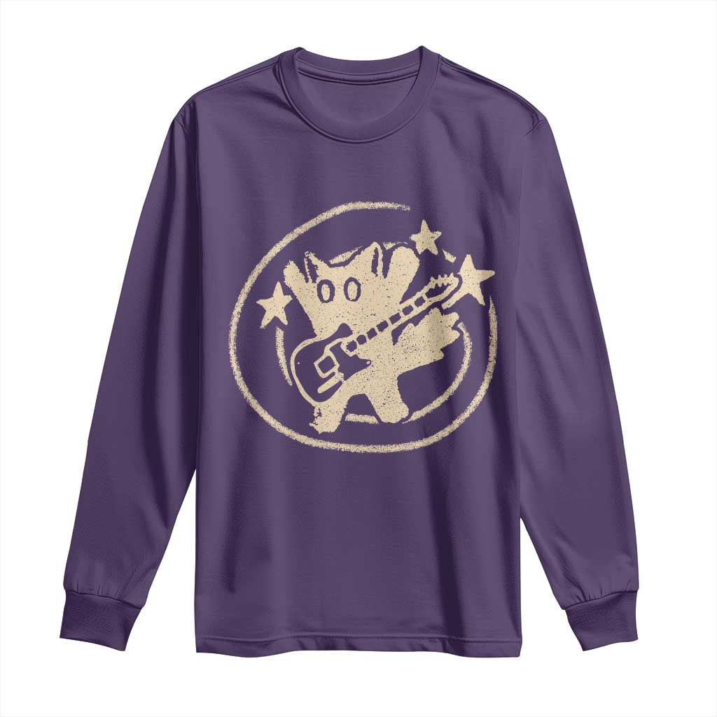 90s Y2K Scary Cat Long Sleeve Shirt Scared Under Starry Tail Cat Playing Guitar - Wonder Print Shop