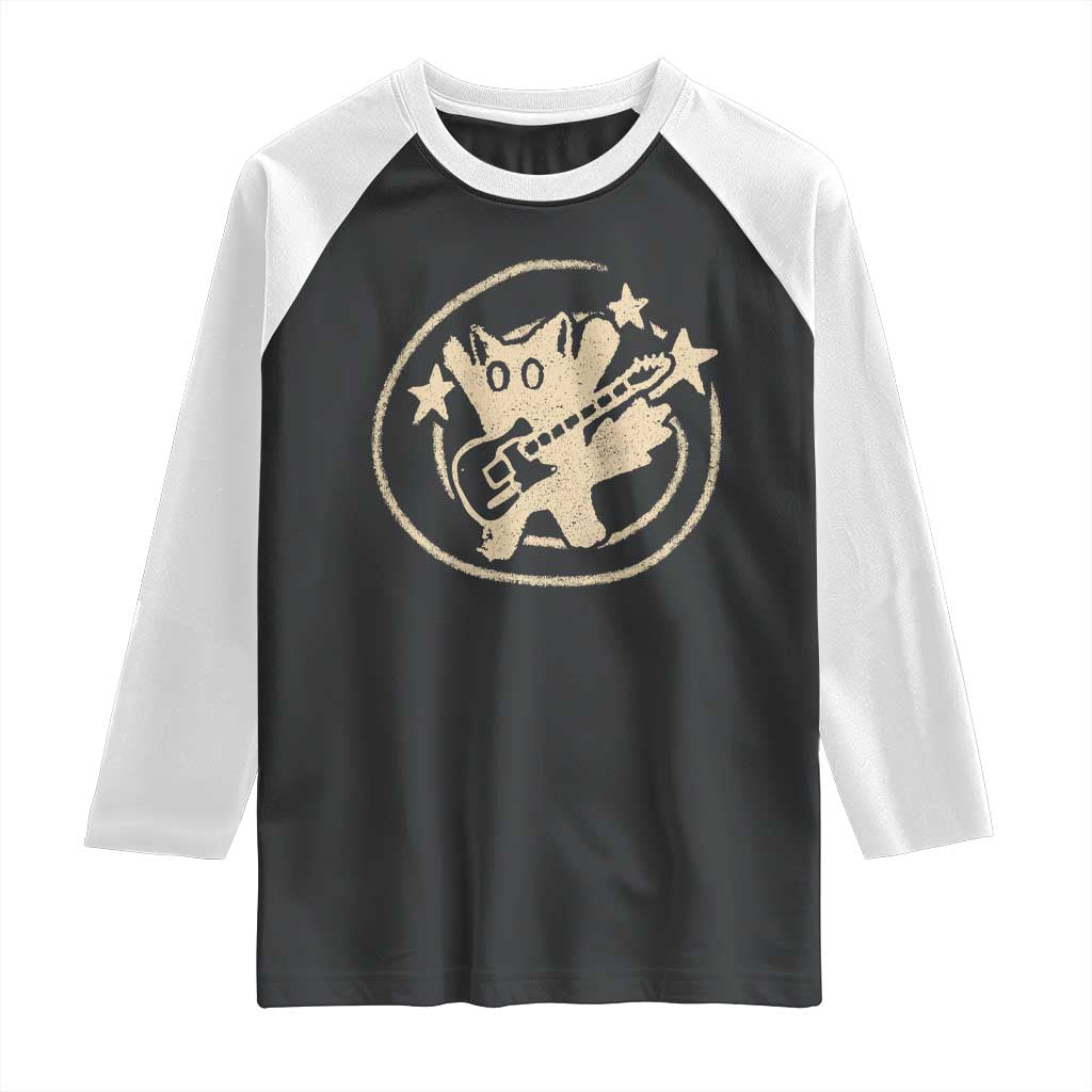 90s Y2K Scary Cat Raglan Shirt Scared Under Starry Tail Cat Playing Guitar - Wonder Print Shop