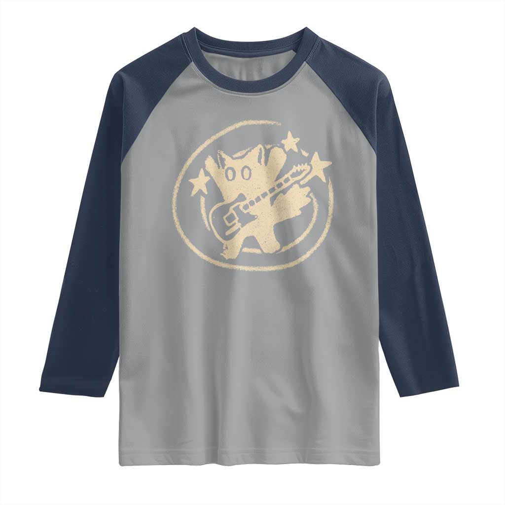 90s Y2K Scary Cat Raglan Shirt Scared Under Starry Tail Cat Playing Guitar - Wonder Print Shop
