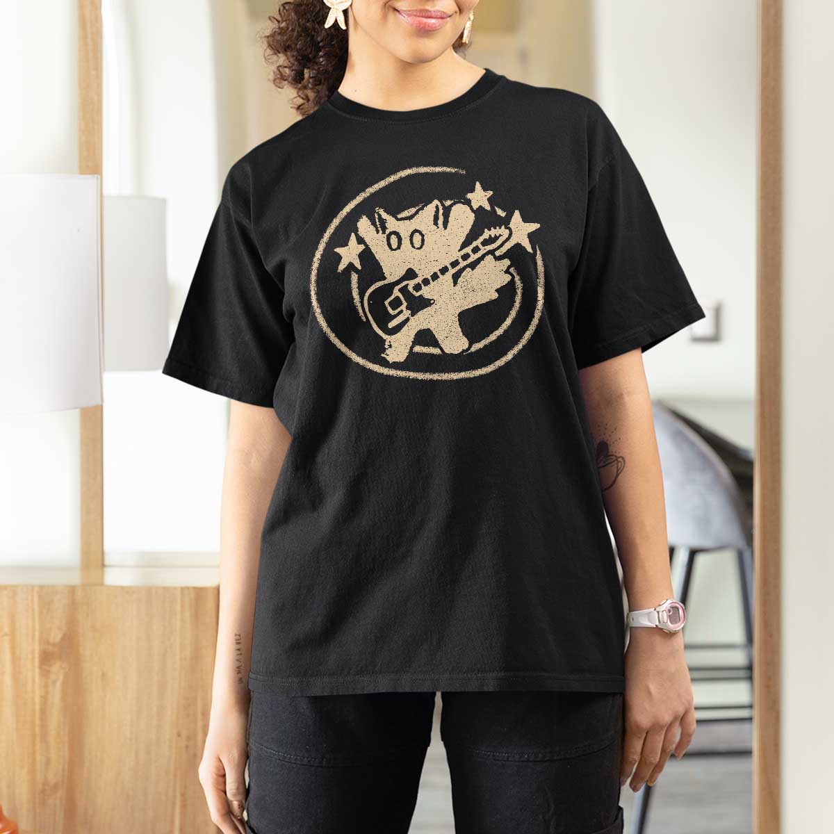 90s Y2K Scary Cat T Shirt For Women Scared Under Starry Tail Cat Playing Guitar - Wonder Print Shop