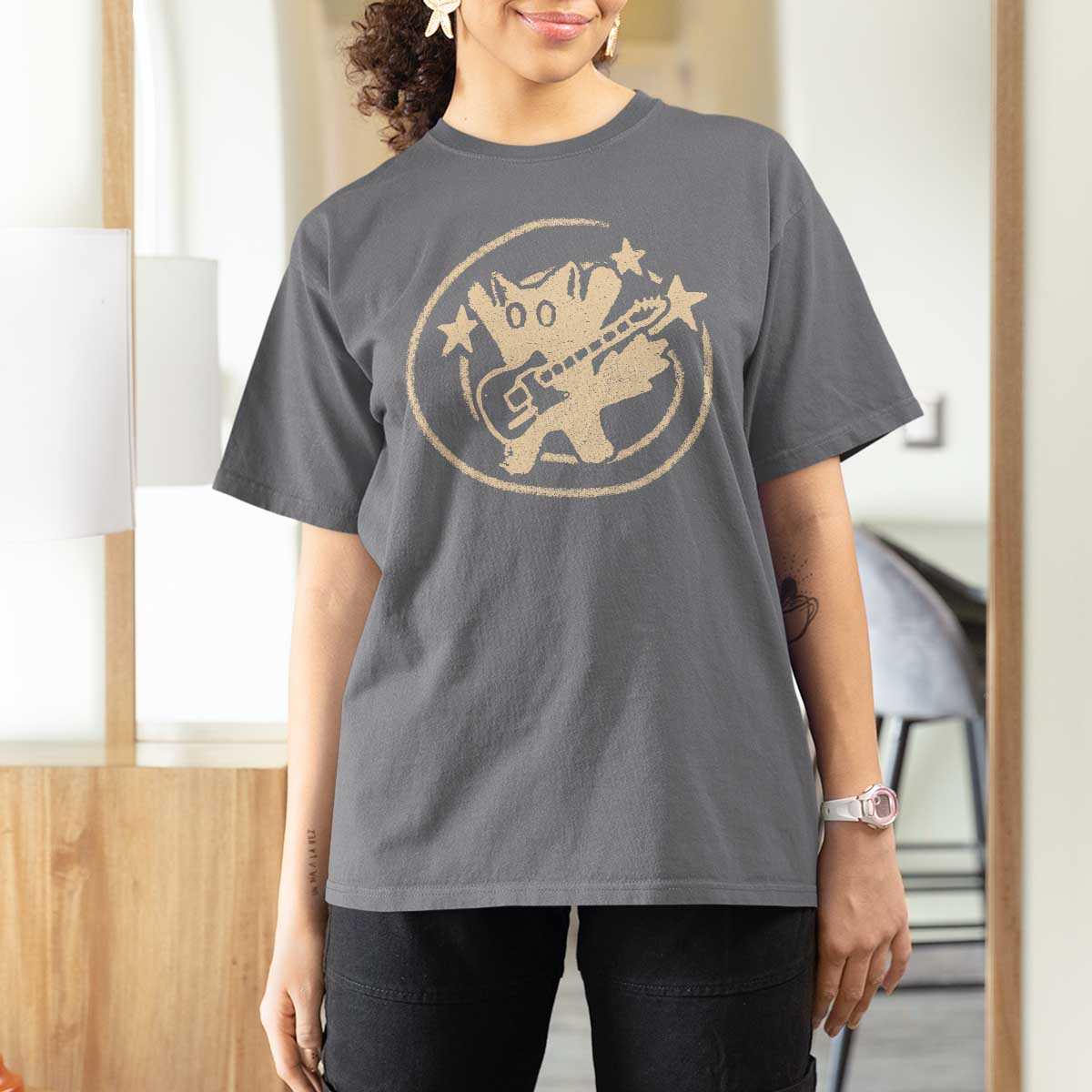 90s Y2K Scary Cat T Shirt For Women Scared Under Starry Tail Cat Playing Guitar - Wonder Print Shop