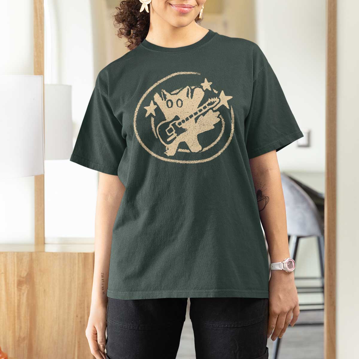 90s Y2K Scary Cat T Shirt For Women Scared Under Starry Tail Cat Playing Guitar - Wonder Print Shop