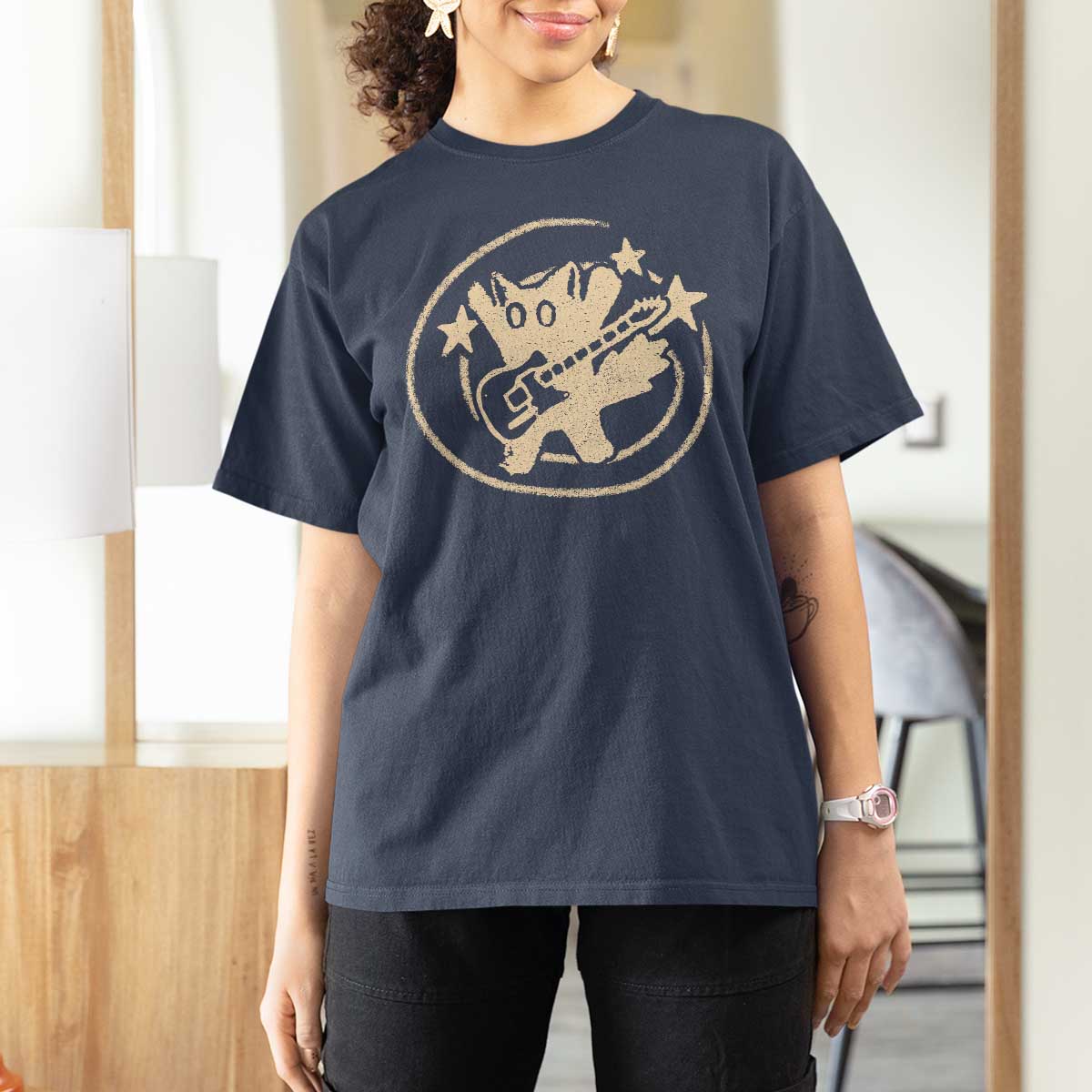 90s Y2K Scary Cat T Shirt For Women Scared Under Starry Tail Cat Playing Guitar - Wonder Print Shop