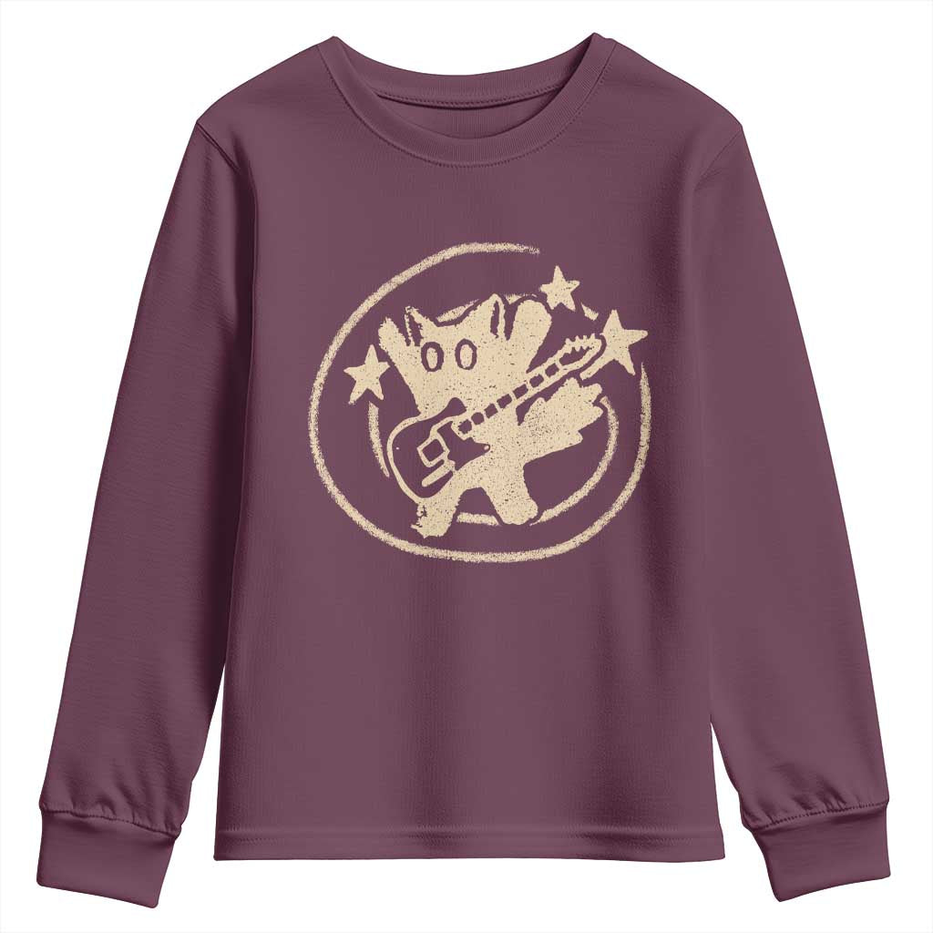 90s Y2K Scary Cat Youth Sweatshirt Scared Under Starry Tail Cat Playing Guitar - Wonder Print Shop