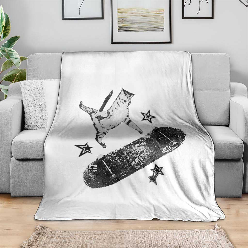 Skateboard Cat Y2K Throw Blanket Rockstar Gf Aesthetic Cat Retro Grunge Skater - Wonder Print Shop
