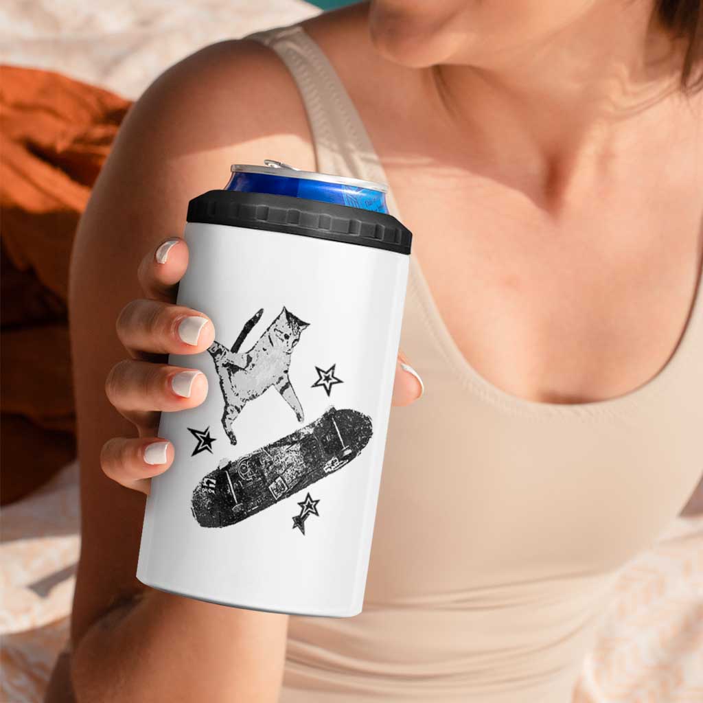 Skateboard Cat Y2K 4 in 1 Can Cooler Tumbler Rockstar Gf Aesthetic Cat Retro Grunge Skater - Wonder Print Shop