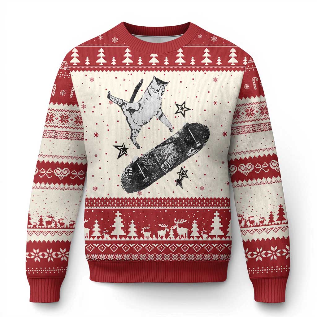 Skateboard Cat Y2K Ugly Christmas Sweater Rockstar Gf Aesthetic Cat Retro Grunge Skater - Wonder Print Shop