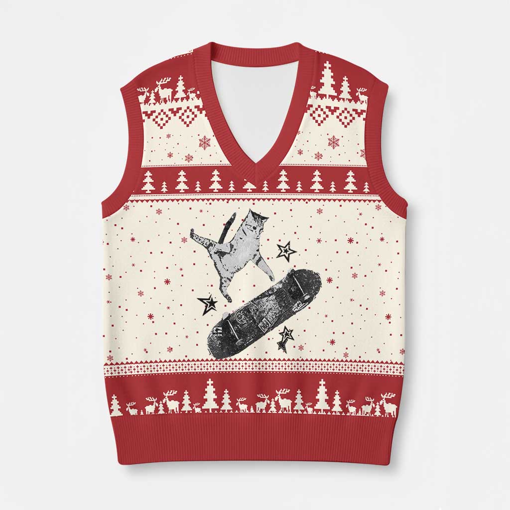 Skateboard Cat Y2K V-Neck Knit Sweater Vest Rockstar Gf Aesthetic Cat Retro Grunge Skater - Wonder Print Shop