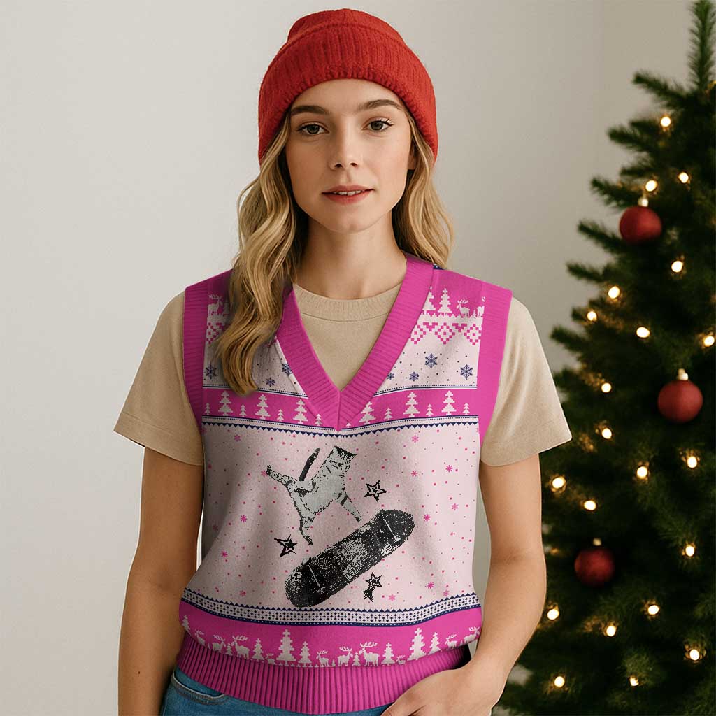 Skateboard Cat Y2K V-Neck Knit Sweater Vest Rockstar Gf Aesthetic Cat Retro Grunge Skater - Wonder Print Shop