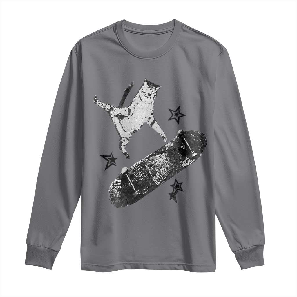 Skateboard Cat Y2K Long Sleeve Shirt Rockstar Gf Aesthetic Cat Retro Grunge Skater - Wonder Print Shop