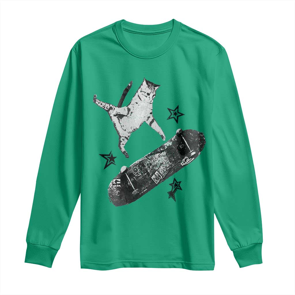 Skateboard Cat Y2K Long Sleeve Shirt Rockstar Gf Aesthetic Cat Retro Grunge Skater - Wonder Print Shop