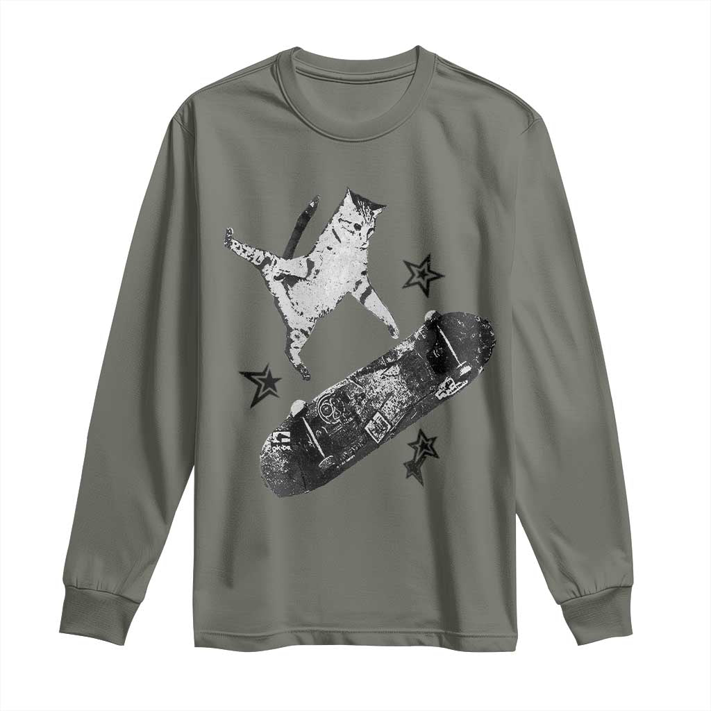 Skateboard Cat Y2K Long Sleeve Shirt Rockstar Gf Aesthetic Cat Retro Grunge Skater - Wonder Print Shop