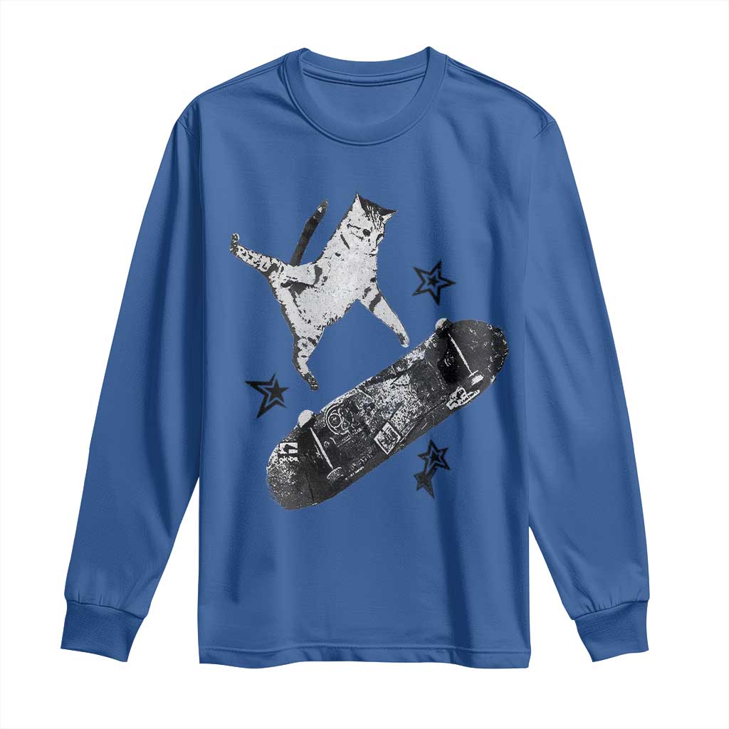 Skateboard Cat Y2K Long Sleeve Shirt Rockstar Gf Aesthetic Cat Retro Grunge Skater - Wonder Print Shop
