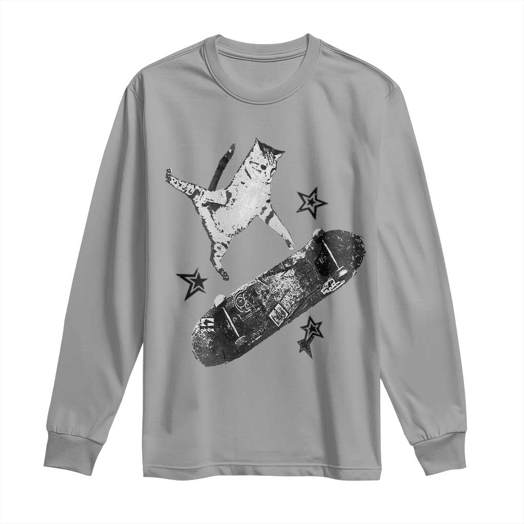 Skateboard Cat Y2K Long Sleeve Shirt Rockstar Gf Aesthetic Cat Retro Grunge Skater - Wonder Print Shop